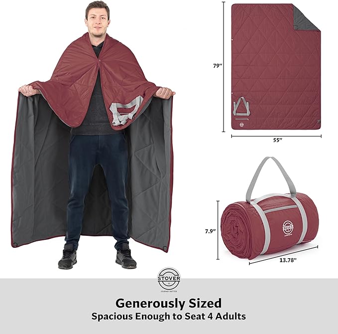 STOVER Waterproof Stadium Blanket – Portable Outdoor Camping Blanket for Travel, Picnics, or Sports – Warm, Windproof, Lightweight, and Packable (Game Day Red)