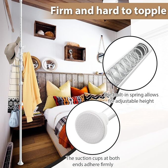 Coat Rack Freestanding, 56 to 125 inch Adjustable Tension Rod Coat Tree with 12 Hooks for Hanging Plant,Coat, Jacket, Hat, Scarf, Suitable for Living Room, Balcony, Kitchen White