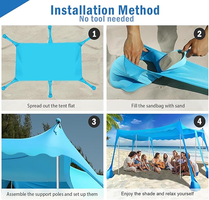 Beach Tent Sun Shelter, 10 x 10 FT Beach Canopy Tent Sun Shade, UPF50+ Protection with 6 Sandbags 6 Stability Poles, Outdoor Beach Shade Canopy for Camping, Fishing, Backyard