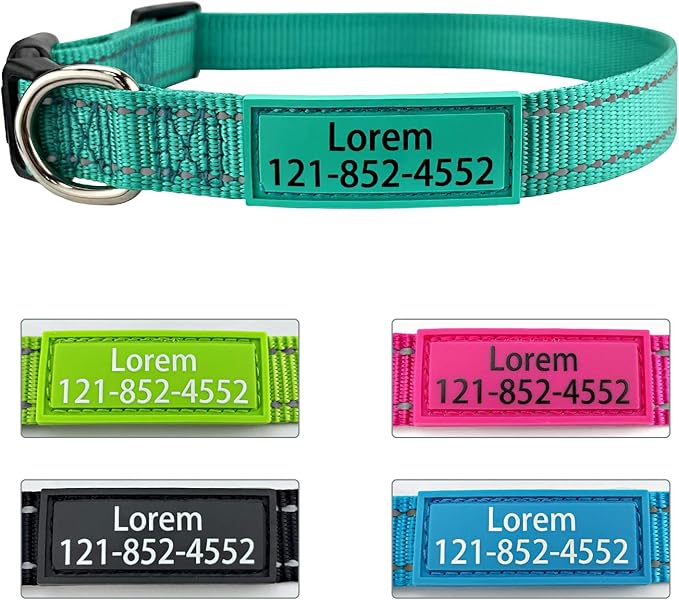 Personalized Dog Collar, Custom ID Collar Reflective Nylon Collar with Pet Name and Phone Number 4 Adjustable Sizes X-Small Small Medium Large Quick Release Buckle and D-Ring (Solid)