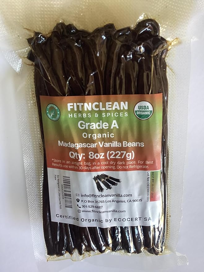8oz Madagascar Organic Vanilla Beans Grade A. Certified USDA Organic. Fresh 6"-8" for Cooking, Baking and Extract by FITNCLEAN VANILLA| 0.5 lb Bulk NON-GMO Whole Bourbon Gourmet Pods.