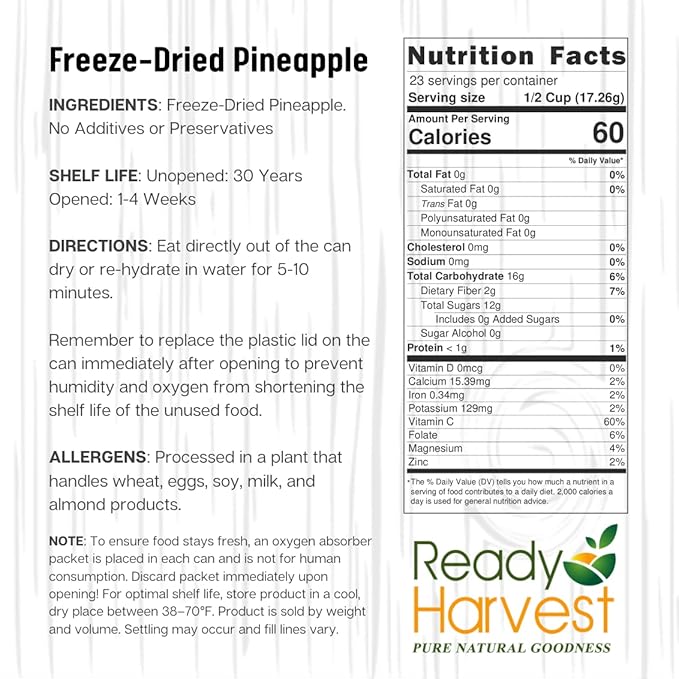 Ready Harvest Pineapples Freeze Dried Whole Foods for Emergency Food Storage, Camping Supplies, and Survival Kits | Sealed Fresh in #10 Can | 30 Year Shelf Life | 6 Cans