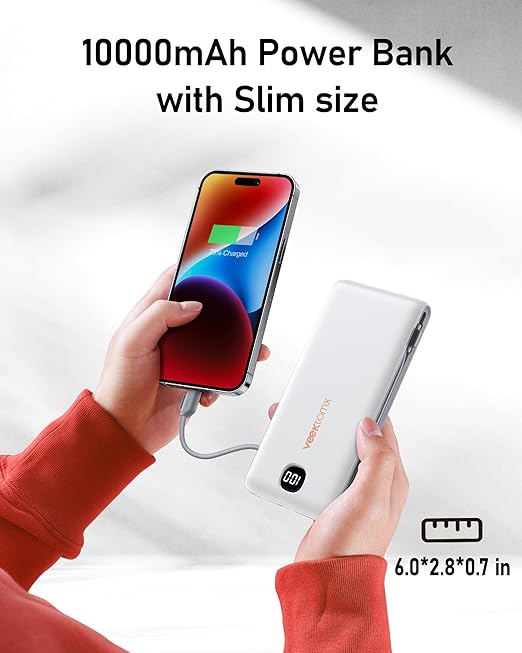VEEKTOMX Portable Charger with Built in Cables 10000mAh, Power Bank for iPhone with Wall Plug, Travel Essential Fast Charging USB C Slim External Battery Pack for iPhone 17/16/15, Samsung, iPad, etc