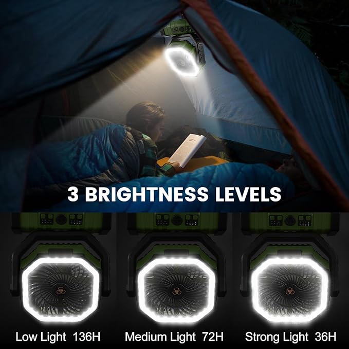 Odoland 30000mAh Camping Fan with LED Lantern, Rechargeable Battery Operated Oscillating with Remote Hook, Portable Tent Fan with Timer, 4 Speeds for Outdoor RV Jobsite Power Outage, Green
