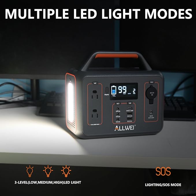 ALLWEI Portable Power Station 300W, Solar Generator 280Wh with 2 AC Outlet, Solar Power Generator Lithium Battery for Outdoor CPAP Camping Power Outage Home Backup