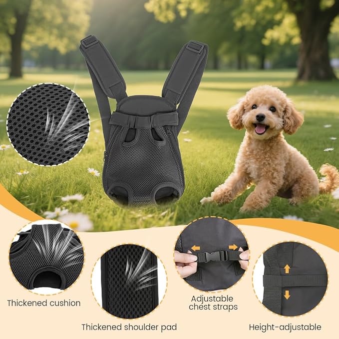 Inspack Dog Backpack Carrier/Cat Carrier, Adjustable Pet Front Carriers Travel Bag for Puppy Medium Dogs, Legs Out, Soft Ventilated Dog Chest Carry Backpacks for Hiking/Camping, 4-7 lbs, Black