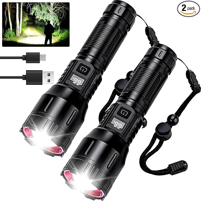 Rechargeable Flashlights High Lumens 990,000L (2Packs), Super Bright LED Handheld Tactical Flash Light, Battery Powered Strong Flashlight with USB C, 3 Modes, Zoomable, USB Output for Home, Emergency