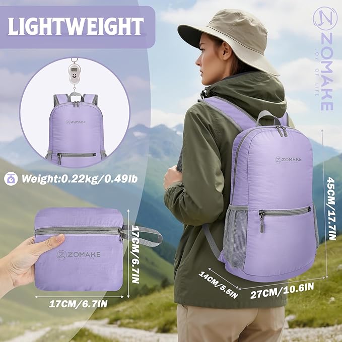 ZOMAKE Ultra Lightweight Hiking Backpack 20L - Packable Small Backpacks Water Resistant Daypack for Women Men(Lavender)