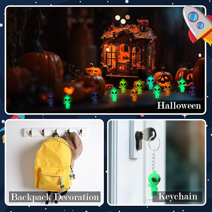24 Pcs Alien Party Favors Alien Keychains Glow in The Dark Space Keychain Mini Aliens Figures Little Bulk Gift Prizes Goodie Bag Piñata Halloween Stuffers for Music Festival Easter (Colorful)