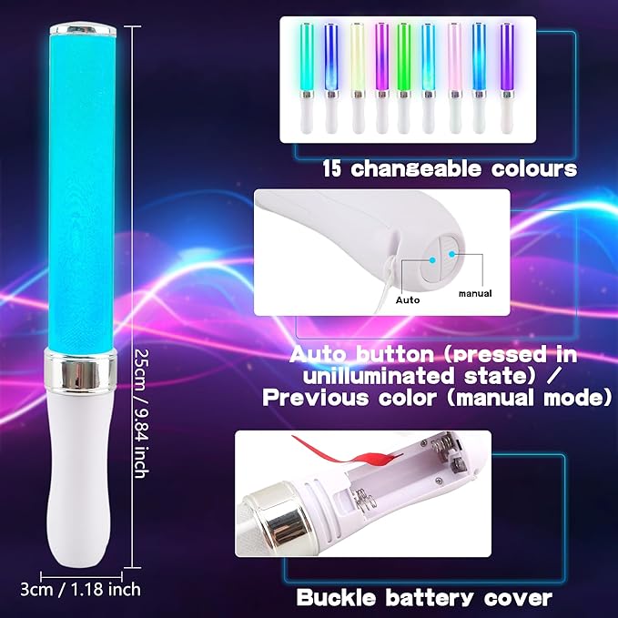 4 Pack Light Sticks 15 Colors Change Glow Stick Multicolor LED Glow Sticks Reusable Light Up Sticks Glow in The Dark for Wedding Club Carnival Party Birthday Concerts Favors