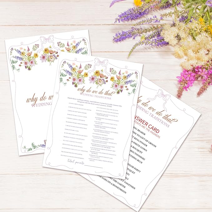 Why Do We Do That? Bridal Shower Games, Wildflower Pink Bow Games Card for Wedding Reception, Bridal Shower, Engagement, Bachelorette Party Activity Decorations (25 Pack) -A02