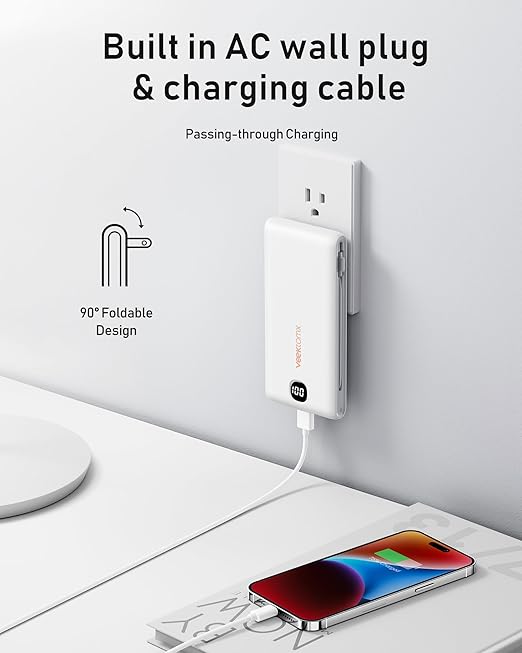 VEEKTOMX Portable Charger with Built in Cables 10000mAh, Power Bank for iPhone with Wall Plug, Travel Essential Fast Charging USB C Slim External Battery Pack for iPhone 17/16/15, Samsung, iPad, etc