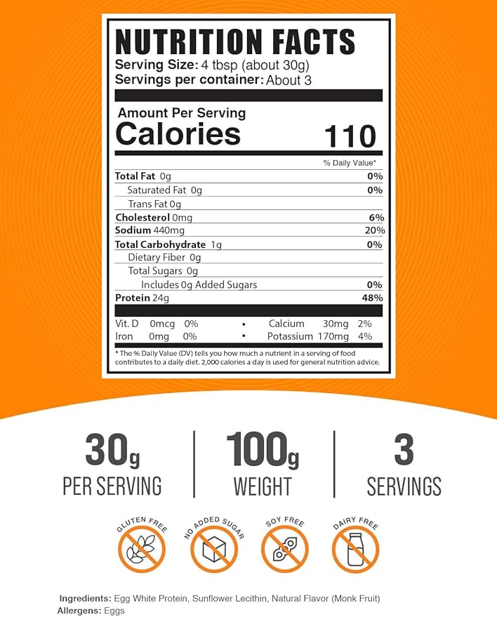 BulkSupplements.com Egg White Protein Powder - Egg White Powder, Lactose Free Protein - Unflavored & Dairy Free, 30g per Serving, 100g (3.5 oz) (Pack of 1)