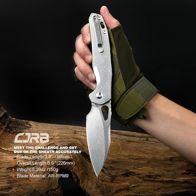CJRB Frack Folding Pocket Knife, 3.9" AR-RPM9 Steel Blade PVD Coating Steel Handle EDC Knife, Button Lock Knife for Outdoor Camping Gift, Stonewash (J1931)