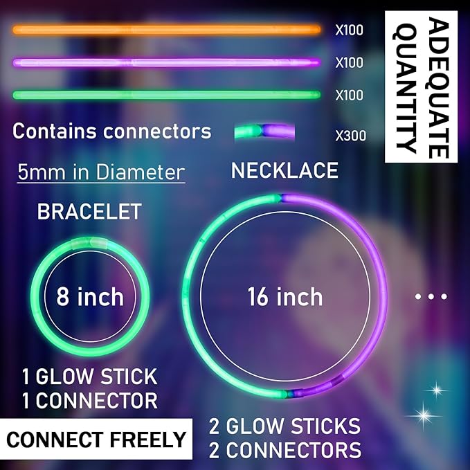 Hanaive 300 Pcs Glow Sticks Bulk 8 Inch Glow in The Dark Party Favors Neon Bracelets and Necklaces Light up Sticks with Connectors for Holiday Birthday Party Supplies(Orange, Green, Purple)