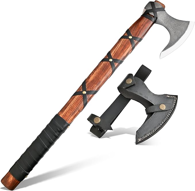 22-Inch Hand-Forged Viking Bearded Axe with Sheath – Survival & Camping Hatchet for Men – Best Gift (Brown Ragnar)