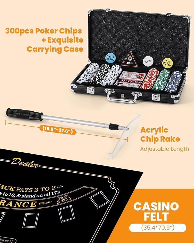 Blackjack Set Casino Set Blackjack Game Combo Set: Card Shuffler, 300pcs Poker Chips, Casino Felt, Card Shoe, Chip Rake, Discard Tray, Playing Cards*8, Bell, Dice, Cut Cards, Casino Buttons