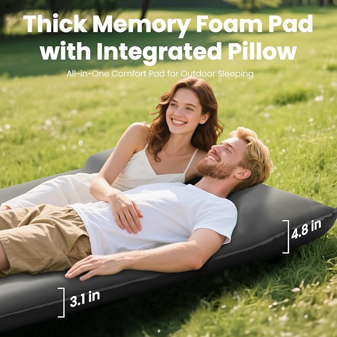 Double Camping Sleeping Pad with Electric Pump, 3.15" Thick 2 Person Self Inflating Memory Foam Mattress Pad with Pillow, Portable Sleeping Mat for Travel, Car, Tent, Home - Grey, Full Size