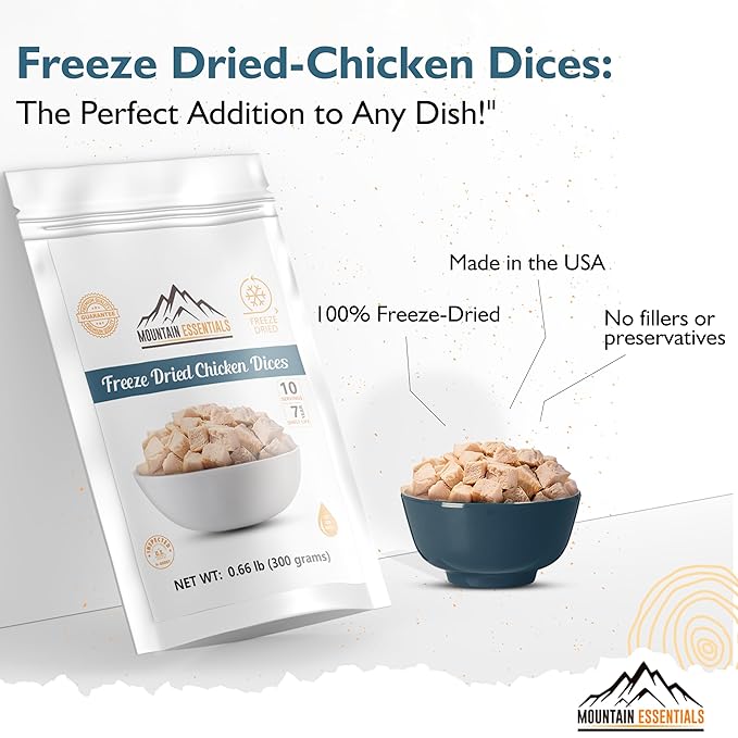 MOUNTAIN ESSENTIALS Freeze-Dried Diced Chicken ??Fully Cooked and Ready to Eat | Everyday Pantry Staple for Meal Prep, Camping & Emergency Survival | Premium Quality Meat | 10 Servings per Pouch | Made in USA | 7-Year Shelf Life | Pack of 1
