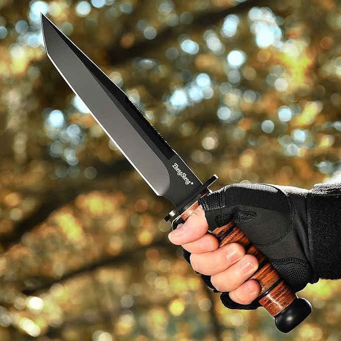 Fixed Blade Knife, 8.0??Black Titanium PVD Coating DC53 Steel Blade Hunting Knives with Leather Sheath, Ergonomic Handle Bushcraft Bowie Knife for Camping, Hiking