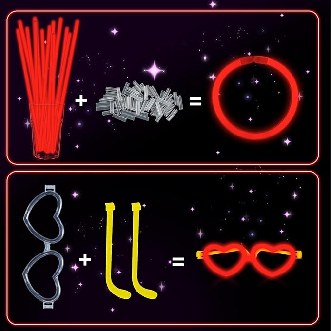 60 Pack 8??Red Glow Sticks Bulk Bright Glow Sticks with 60 Connectors 20 Heart Glasses Glow In The Dark Party Supplies Neon Party Decorations Glow Bracelet Glasses for Holiday Carnival(Red)