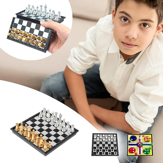 3 in 1 Magnetic Chess Set - 6.69" Portable Folding Board with Chess, Checker, Ludo Games | No Stress Travel Essentials for Beginners & Professionals, Indoor Outdoor Use