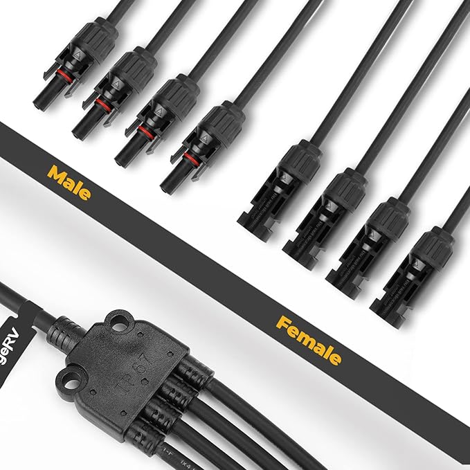 BougeRV Solar Y Branch Connectors Extra Long Solar Panel Parallel Connectors 1 to 4 Solar Cable Wire Plug Tool Kit (2 Pairs/M/FFFF and F/MMMM)