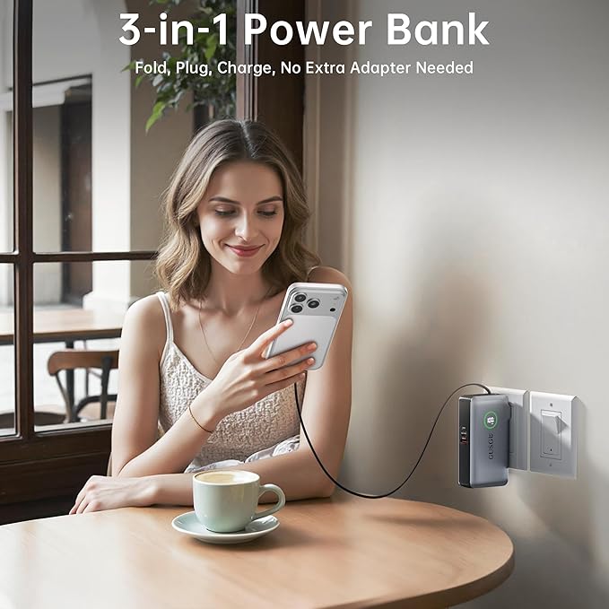 GUSGU X3 10,000mAh Power Bank with Foldable Plug, Built-in Type-C Cable & USB-C/USB-A Ports, 35W PD Max Fast Charger for MacBook Air/Pro, iPhone 16/15, Galaxy S23, Compact and Travel-Friendly