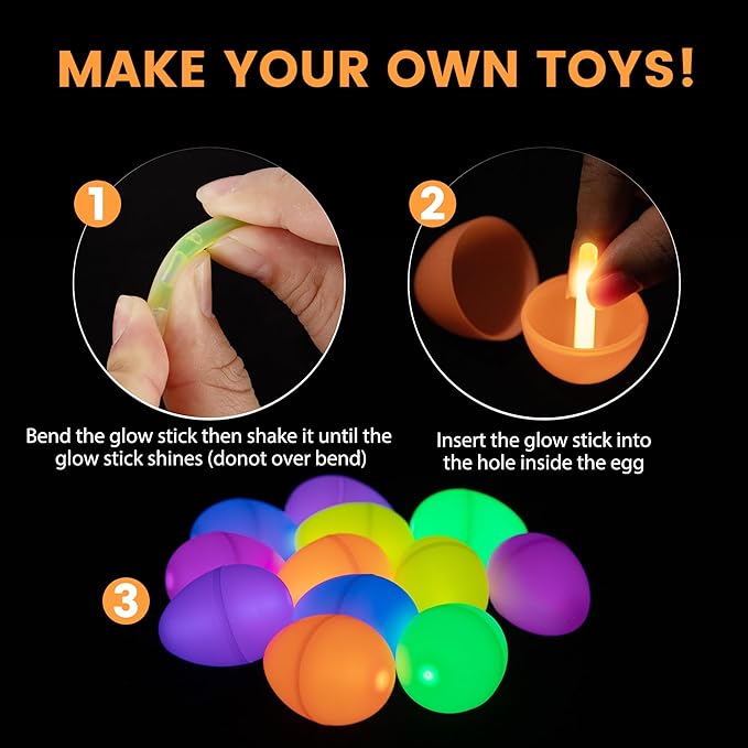POPGIFTU 120 Easter Eggs with 240 Mini Glow Sticks, Glow-in-the-Dark Easter Eggs Bulk for Kids, Easter Basket Fillers & Party Favors, Egg Hunt Prizes & Classroom Decorations