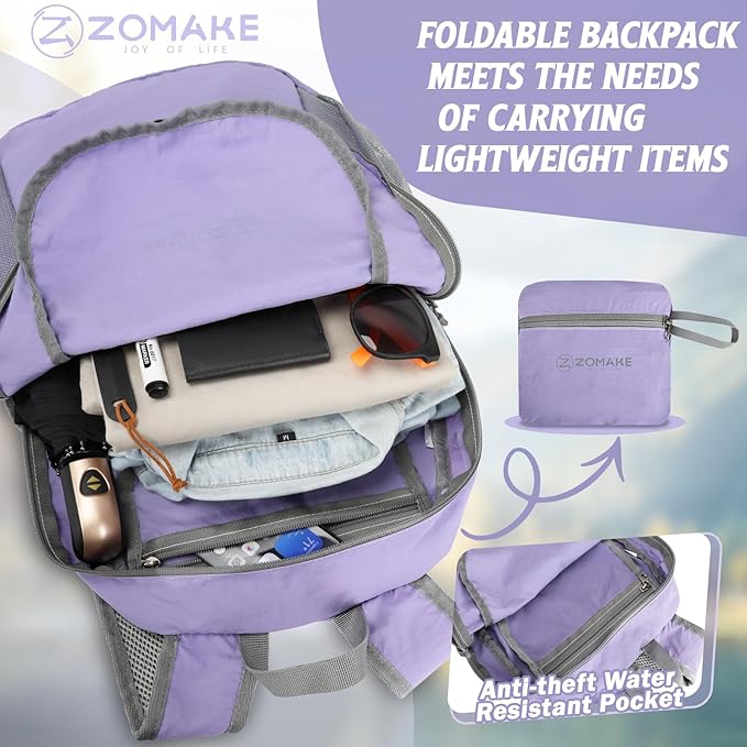 ZOMAKE Ultra Lightweight Hiking Backpack 20L - Packable Small Backpacks Water Resistant Daypack for Women Men(Lavender)