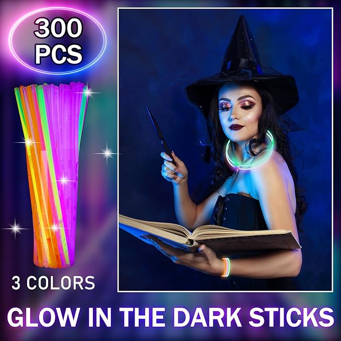 Hanaive 300 Pcs Glow Sticks Bulk 8 Inch Glow in The Dark Party Favors Neon Bracelets and Necklaces Light up Sticks with Connectors for Holiday Birthday Party Supplies(Orange, Green, Purple)