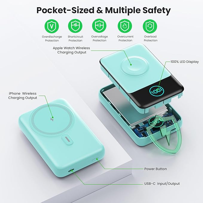 Magnetic Portable Charger for iPhone, 3-in-1 10800mAh Qi2 15W Wireless Power Bank with iWatch Charger,30W PD Fast Charging USB-C LCD Display Battery Pack for Magsafe,iPhone 17/16/15/14/13, Apple Watch