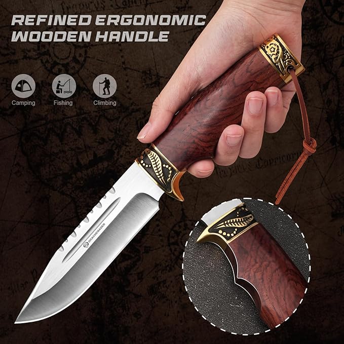 Fixed Blade Hunting Knife with Horizontal Leather Sheath YU-LN, 10.63" Bushcraft Knife for Men with Wood Handle, Gift for Men