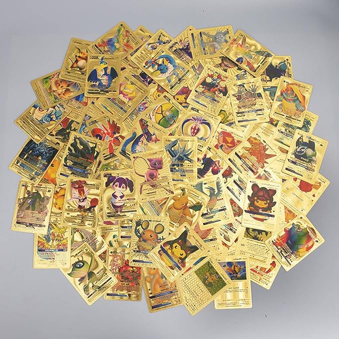 55 PCS Gold Cards Packs Vmax DX GX Rare Golden Cards Deck Box Gold Foil Card for Birthday Party Favors Gifts (No Duplicates) (Golden)