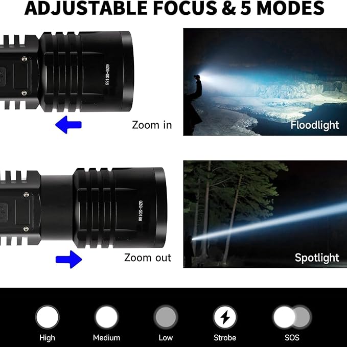 Rechargeable LED Flashlights 10000.00 High Lumens,๐๐๐๐ ๐๐๐ฐ High Powered Waterproof Tactical Flashlight Spotlight Flashlight for Home, Bright Flashlight Black for Outdoor Camping Emergency