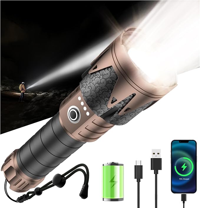 SKYFIRE LED Flashlights High Lumens,3000lm Super Bright Tactical Flashlights, Zoomable,Five Modes,Waterproof Flash Light for Camping Essentials,Outdoor,Home,Gifts(Upgraded- No Lens)