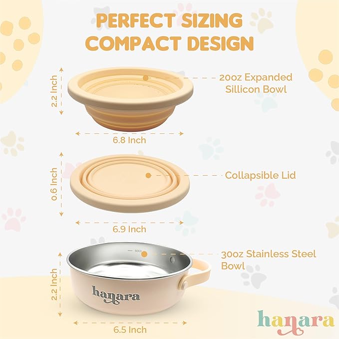 HANARA 2-in-1 Insulated Dog Bowl with Collapsible Lid & Handle – Stainless Steel, Non-Slip Rubber Base – Portable Pet Water & Food Bowl for Dogs & Cats – 30 OZ + 20 OZ – Indoor & Outdoor (Beige)