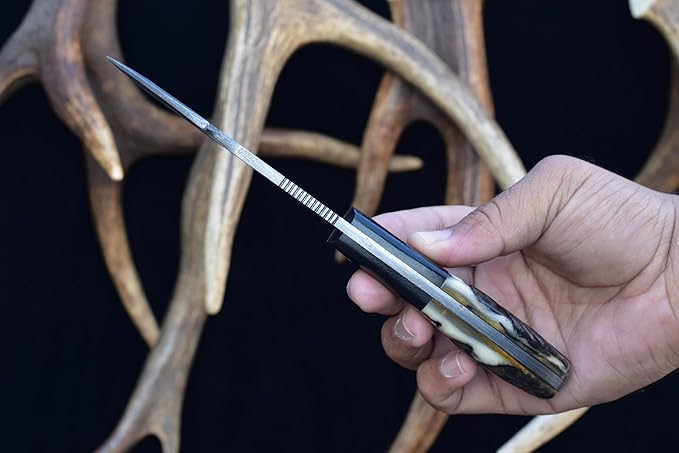 Knives Ranch Handmade Damascus Steel Gut-Hook Skinning Knife ??8.5" Full Tang Fixed Blade Outdoor Knife with Ram?™s Horn Handle & Heavy-Duty Leather Sheath ??Hunting, Bushcraft, Camping, Survival, Cowboy Ranch (2048-RH)