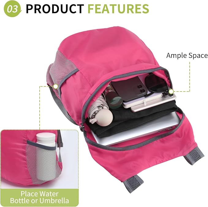 20L Ultra Hiking-Daypack Lightweight Foldable Travel Packable Backpack for Camping Cycling Outdoor,rose Red