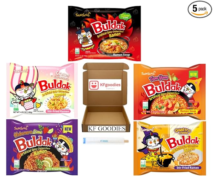 KF GOODIES Korean Ramen Variety Pack Gift Box (5 Count) – Spicy Buldak Noodle Assortment for Birthdays, College Care Packages, Office Snacks, and Gift Baskets