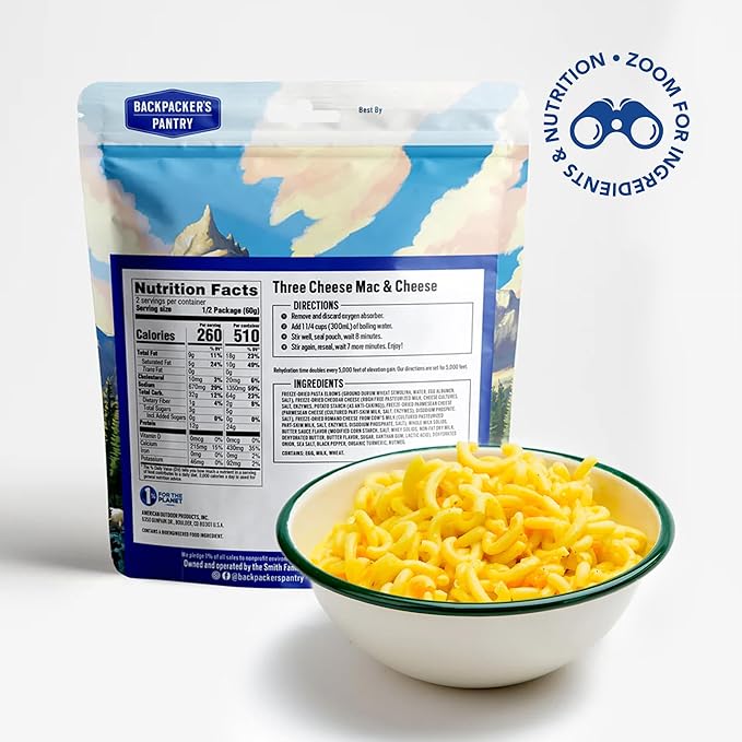 Backpacker's Pantry Three Cheese Mac & Cheese - Freeze Dried Backpacking & Camping Food - Emergency Food - 24 Grams of Protein, Vegetarian