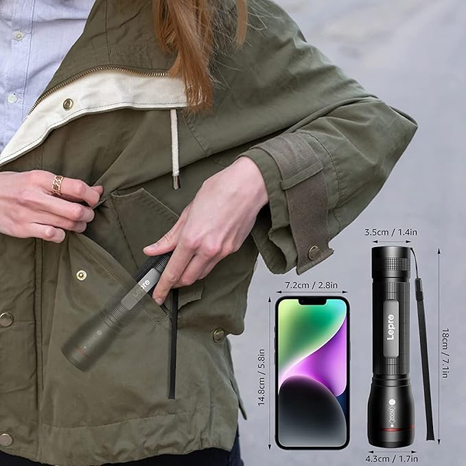 Lepro LED Tactical Flashlight, LE3000 High Lumen Streamlight Torch, 5 Lighting Modes, Zoomable, Water Resistant, Adopted by Osram P9 LED, Powered by AA Battery, for Camping, Running, Emergency