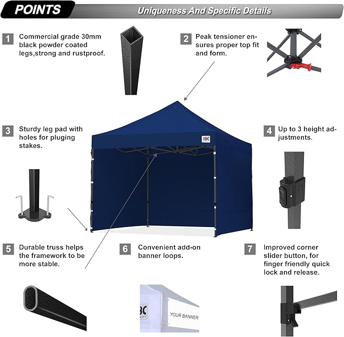 ABCCANOPY Heavy Duty Easy Pop up Canopy Tent with Sidewalls 10x10, Navy Blue