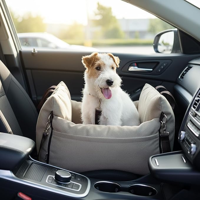 Booster Cozy Dog Car Seat for Medium Dogs, Soft Dog Bed for Car, Safety Travel Bed & Portable Pet Carrier, Removable & Washable with Storage Pockets, Clip-On Safety Belt