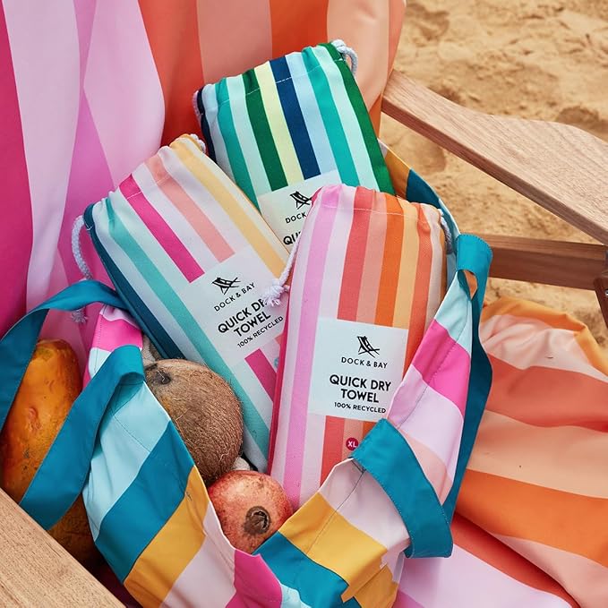 Dock & Bay Beach Towel - Quick Dry, Sand Free - Compact, Lightweight - 100% Recycled - Includes Bag - Rainbow Shores - Set of 6 - Large (160x90cm, 63x35)