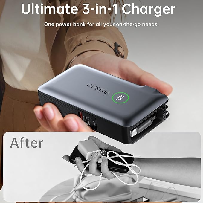 GUSGU X3 10,000mAh Power Bank with Foldable Plug, Built-in Type-C Cable & USB-C/USB-A Ports, 35W PD Max Fast Charger for MacBook Air/Pro, iPhone 16/15, Galaxy S23, Compact and Travel-Friendly