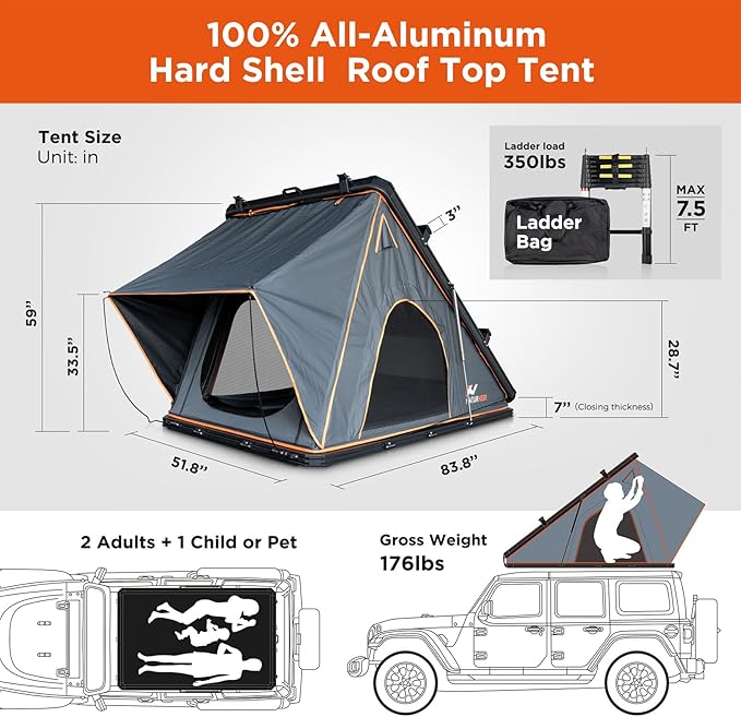 BAMACAR Naturnest Rooftop Tent Hard Shell 2-3 Person Nature Nest Roof Top Tent Hardshell For Jeep SUV Van Pickup Truck Vehicle Trailer Car Camping Hard Top Claim Shell Overland Car Roof Rack Top Tents