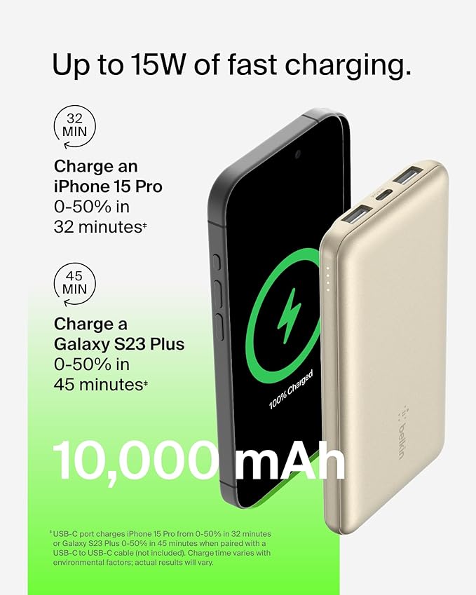 Belkin Portable Charger, USB-C Power Bank 10000 mAh w/ 2xUSB-A Ports, 15W w/Type-C to Type-A Cable for iPhone 17, Air, Pro, Samsung Galaxy S25, iPad, Nintendo Switch 2, Google Pixel 10, etc. - Gold