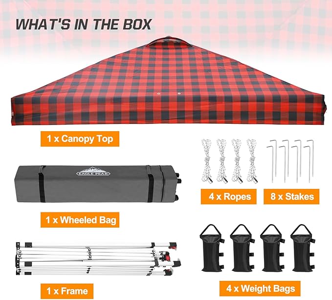 EAGLE PEAK Pop Up Canopy Tent with Wheeled Carry Bag, 8 Stakes, 4 Ropes, 4 Weight Bags, Easy Set Up Tent Canopy, 10x10 ft, 100sqft of Shade, Red Plaid