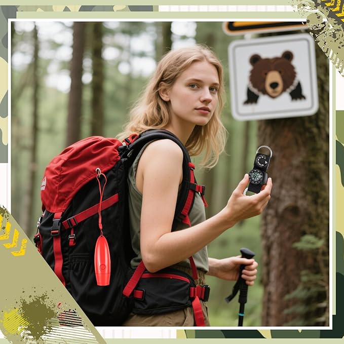 2 Set 125dB Electronic bear horn with Compass & Thermometer for hiking Loud Air Horn to Scare Bears Self Defense for Hiking Outdoor Emergency Camping Protection (4.57×1.14 Inch,Red)
